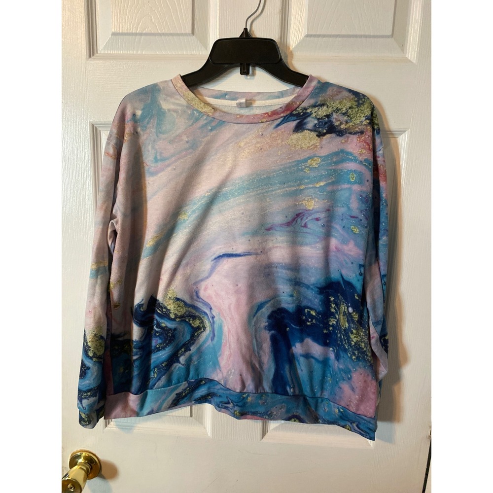 Pixie Lady Marble Print Sweatshirt XL Blue Pink Gold‎ Glitter Abstract Pullover